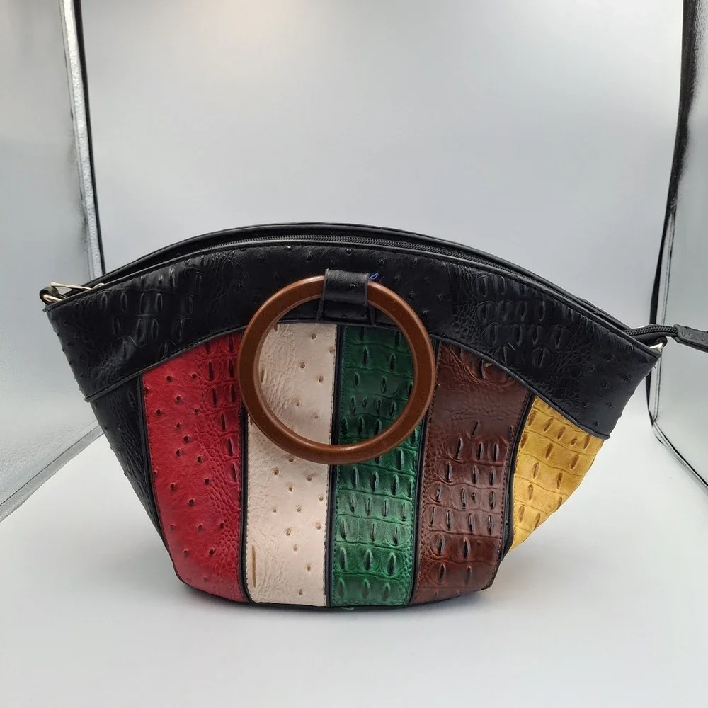Colorblock Faux Ostrich & Alligator‎ Embossed Handbag with Wooden Ring Handles